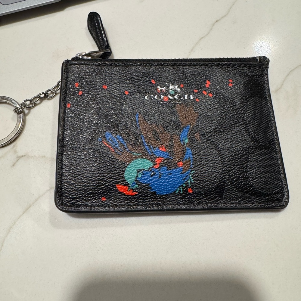 Coach Black Pouch with Colorful Bird Design
